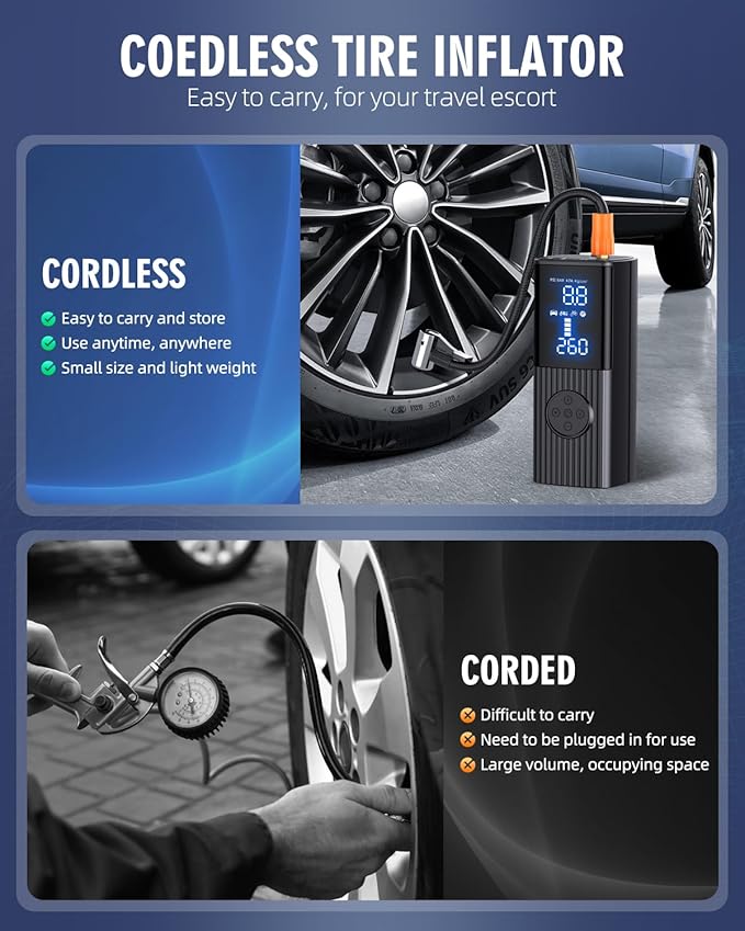 Tire Inflator Portable Air Compressor, 180PSI Cordless Air Pump with Digital Gauge, LED Light and Auto Shut-Off Function, 3X Faster Air Compressor for Car, Motorcycle, Bicycle, Ball