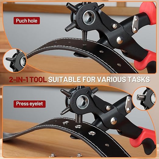 2 in 1 Leather Hole Punch, 3/16" 4.5mm Revolving Hole Puncher with Eyelet Tool Kit and Metal Eyelets for Leather, Belts, Watch Bands, Fabric, Plastic, DIY Handmade Production