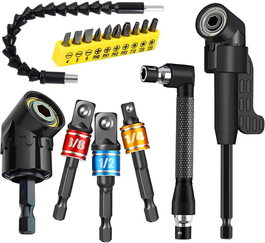 17pcs Flexible Drill Bit Extension, Include 3pcs Impact Socket Adapter 2pcs Hex Shank 105째 Right Angle Drill Attachment 10 Short Screwdriver Bits Bendable Drill Bit Extension and 90째 Angled Bits