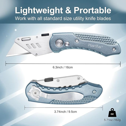 Harita Utility Knife Box Cutter Quick Change Blades, Back-lock Mechanism, Portable Belt Clip, with 5-piece Extra Blades, Grey