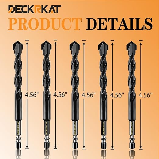 DECKRKAT 5-Piece 3/8" Carbide Masonry Drill Bits for Concrete, Brick, Tile - Black Hex Shank Set w/Heavy-Duty Case, Quick Change Fit Drill Driver