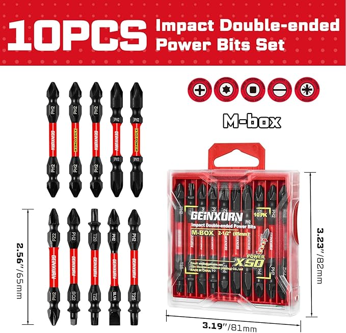 10Pcs Impact Double End Screwdriver Bit Set, 2.56 in. Mixed Reversible Power Driver Bits, Magnetic S2 Steel Two Sides PH2/T20/T25/SQ2/SL1/4 Screwdriver Bit Tips Set with Storage M-Box