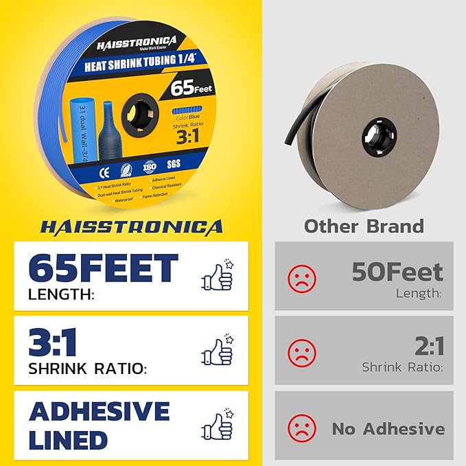 haisstronica 3:1 Heat Shrink Tubing, Shrink Ratio Adhesive Lined Marine Grade Heat Shrink Tube for Home, Automotive and Industrial (Blue) 65FT 1/4inch
