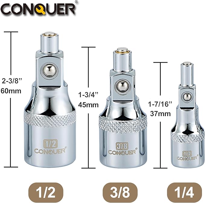 CONQUER No-Drop Magnetic Socket Extension Bars ??CR-V Steel 1/4", 3/8", 1/2" Drive Set for Tight Spaces & Engine Bay Repairs