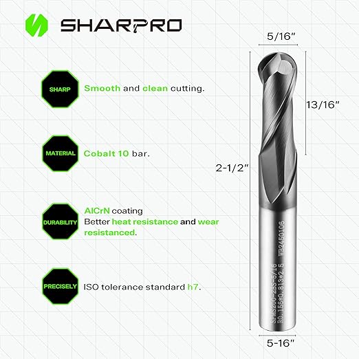 Carbide Ball Nose End Mill 2 Flute 5/16 Inch SHK. and Cutting Dia. 3D Carving, High-Speed and Deep Cutting, AlCrN Coated, Apply for Alloy Steel, Stainless Steel and Various Cast Iron.