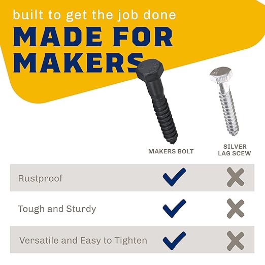 1/2" x 3?? 25-Piece Black Lag Bolts, Rustproof 4-Layer Ceramic BLAKOTE, 2X Protection of Galvanized Lag Screws, for Decks Pergolas by Makers Bolt