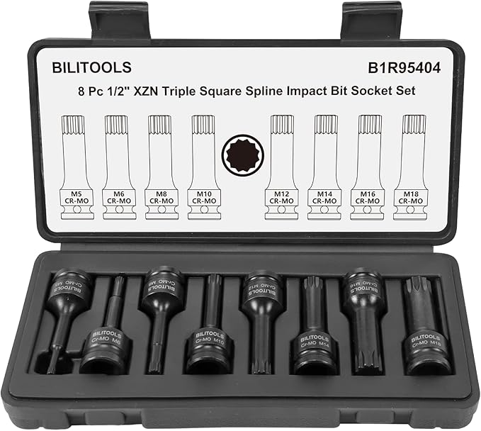 BILITOOLS 8-Piece Impact XZN Triple Square Spline Bit Socket Set 1/2 inch Drive, M5-M18, Cr-Mo Steel