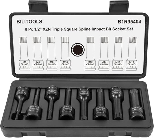 BILITOOLS 8-Piece Impact XZN Triple Square Spline Bit Socket Set 1/2 inch Drive, M5-M18, Cr-Mo Steel
