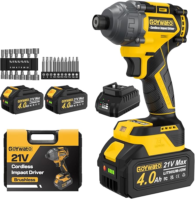 Cordless Impact Driver 2655In-lbs(300N쨌m) - 21V 1/4" Hex Chuck Brushless Hand Impact Driver With & 2 x 4.0Ah Battery & Charger & 14 x Sockets Set & 10 x Screwdriver Bit for Home Projects & DIY