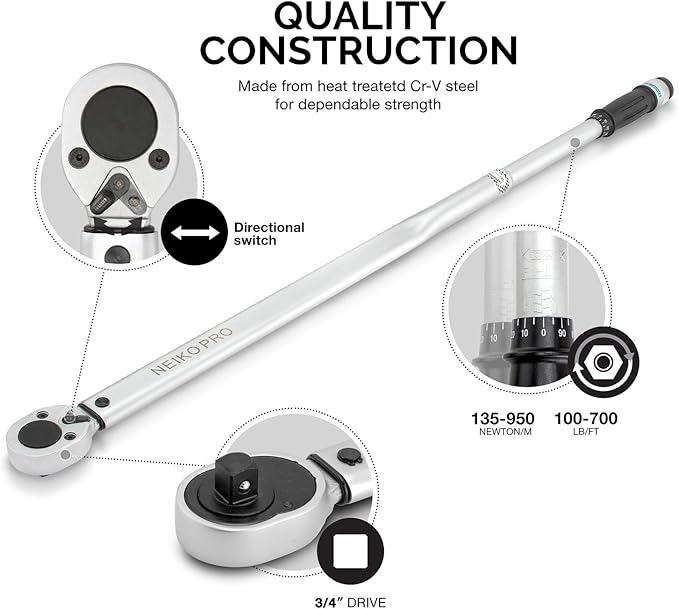 Neiko PRO 03710B 3/4-Inch-Drive Adjustable SAE Torque Wrench with Torque Click Settings of 100??00 Foot-Pound, Made with CrV Steel, 48-Inch Length