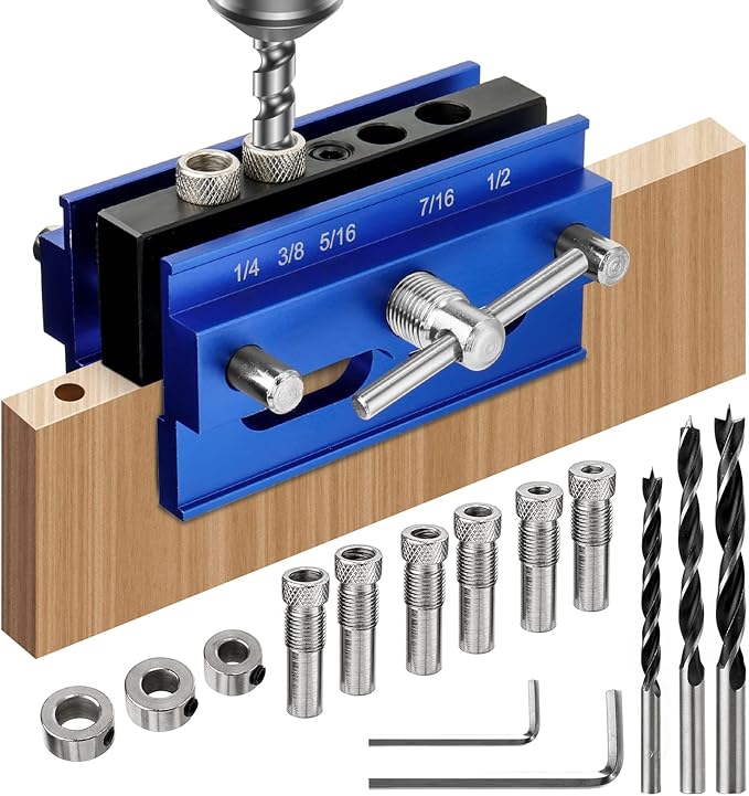 Self Centering Dowel Jig Kit, Drill Jig for Straight Holes Biscuit Joiner Set, Adjustable Drilling Guide Wood Working Tools with 3 Drill and 6 Drill Guide Bushings, Wood Doweling Jig for Woodworking