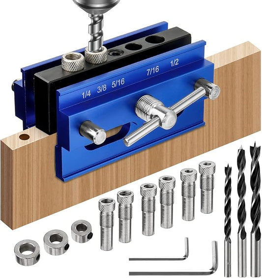 Self Centering Dowel Jig Kit, Drill Jig for Straight Holes Biscuit Joiner Set, Adjustable Drilling Guide Wood Working Tools with 3 Drill and 6 Drill Guide Bushings, Wood Doweling Jig for Woodworking