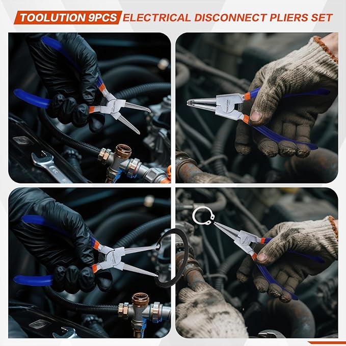 9-Piece Hose Clamp, Hose Clamp, Fuel Line, Electrical Disconnect & Snap Ring Pliers Kit with Internal/External Circlip Pliers, C Clip Lock Ring Tools, Ergonomic Non-Slip Handles