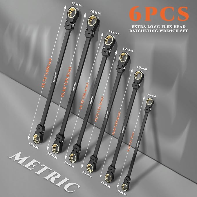 SUZUME Extra Long Flex Head Ratcheting Wrench Set 6PCS (8-19mm) Double Box End Metric EVA Foam 180째 Flexible Head 15K Gear Cycles Tested Black Chrome Finish CR-V Steel for Tight Engine Bays with Pouch
