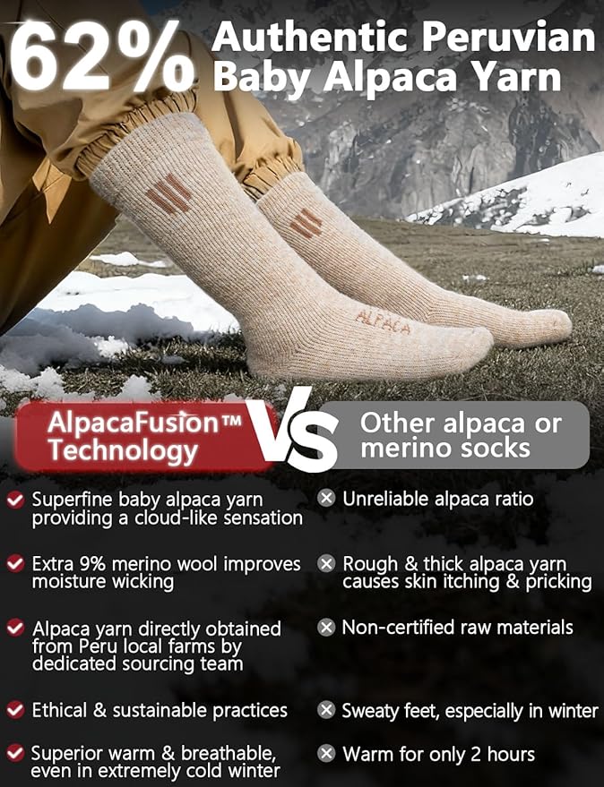 Alpaca Wool Boot Socks Men and Women, Heavyweight Thick Thermal Socks Cold Weather Hunting Hiking, Moisture Wicking