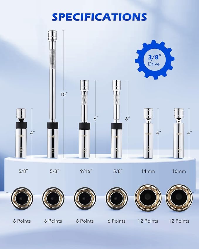Orion Motor Tech 6pc 3/8" Drive Magnetic Swivel Spark Plug Socket Set, Thin Wall Spark Plug Sockets with 9/16" 5/8" 14mm 16mm Sizes, Cr-V Steel Magnetic Spark Plug Socket Set with 6 Point & 12 Point