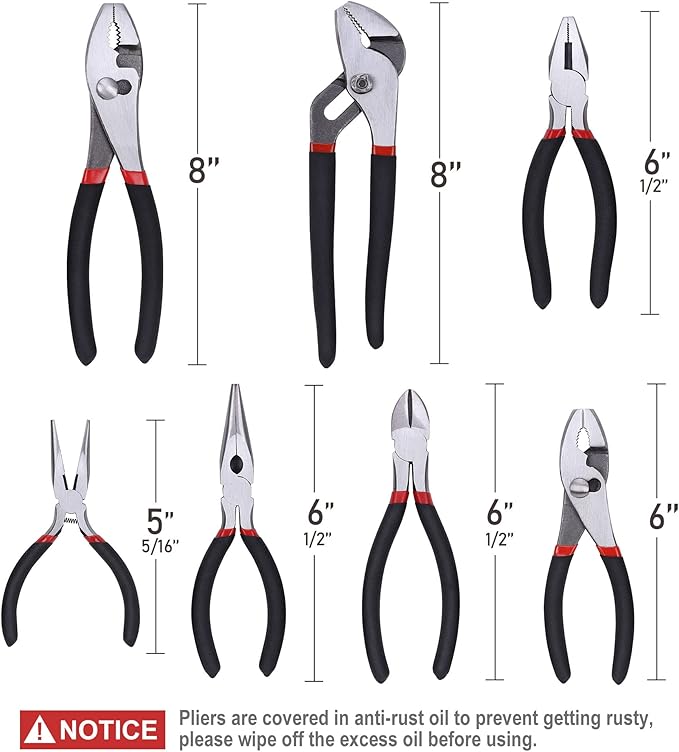 FASTPRO 7-piece Utility Pliers Set, Includes Slip Joint, Long Nose, Diagonal, Groove Joint, Linesman, and Mini Long Nose Pliers, Dipped Handle