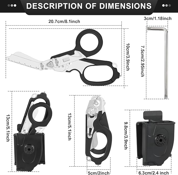6-in-1 Multi-function Trauma Shears With Holster, Trauma Shears for Nurses Foldable, Heavy Duty Stainless Steel Scissors all Purpose, Outdoor Camping Rescue Scissors（Black）
