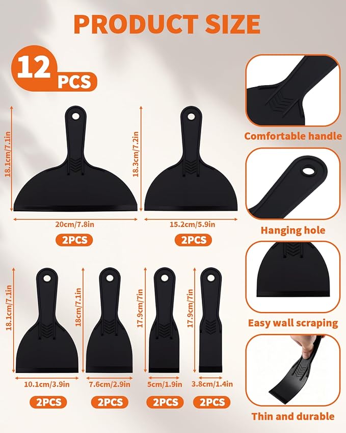 18 PCS Plastic Putty Knife, Includes 12 Plastic Putty Filler Knife and 6 Scrapers Tool, Flexible Putty-Scraper for Spackling, Repairing Drywall, Removing Wallpaper, Applying Mud or Plaster