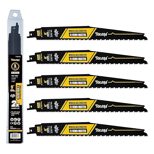 TOLESA 9 Inch 6/12 TPI Reciprocating Saw Blades for Wood and Nail-Embedded Wood Demolition, 5 Pack Bi-Metal Reciprocating Saw Blade for Fast & Smooth Cutting