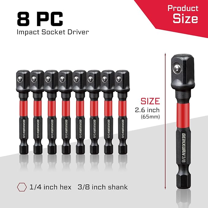 8Pcs Impact Socket Adapter Set, 3/8" Drive Square, 2.5Inches Extension Bit Socket Driver Set, Adapt Your Power Drill to High Torque Impact Wrench