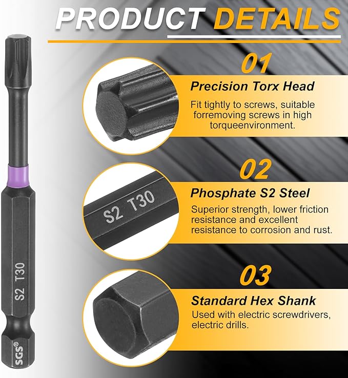 HARFINGTON 5pcs T30 Torx Head Impact Screwdriver Bits 1/4" Hex Shank 2.8" (70mm) Long Magnetic No Hole Tamper Proof 6 Point Star Screw Driver Drill Bits Phosphate S2 Steel Power Tools