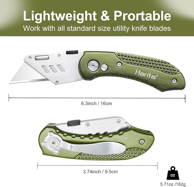 Box Cutter Heavy Duty Utility Knife, Razor Knife, Lightweight Aluminum Handle, Back-lock Mechanism, Stainless Belt Clip, for Carpet, Carton, Box, Cardboard, with 5-piece Extra Blades, Olive Green