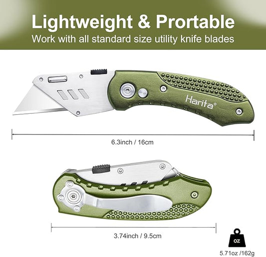Box Cutter Heavy Duty Utility Knife, Razor Knife, Lightweight Aluminum Handle, Back-lock Mechanism, Stainless Belt Clip, for Carpet, Carton, Box, Cardboard, with 5-piece Extra Blades, Olive Green