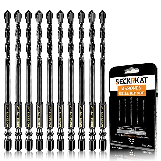 DECKRKAT 10-Piece 1/4" Carbide Masonry Drill Bits for Concrete, Brick, Tile - Black Hex Shank Set w/Heavy-Duty Case, Quick Change Fit Drill Driver