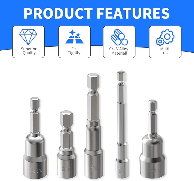 FOCKEAMS 13mm/0.51in Magnetic Nut Setter Driver Drill Bit,Quick-Change,Impact Nut Driver Kit for Electric Drill,1/4" Hex Shank Drill Socket,65 mm Length Cr-V Adapter Drill Bits,Metric&SAE