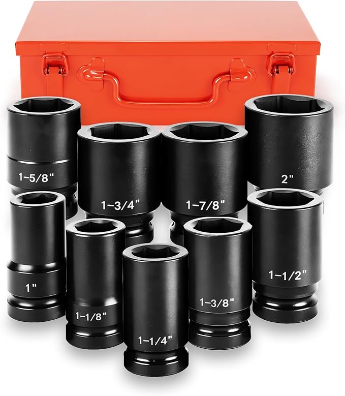 1" Drive Jumbo Impact Socket Set,9 PCS SAE (1to 2 INCH) Universal Hex Deep Socket Combination,CR-MO Alloy Steel,Heavy Duty Storage Case
