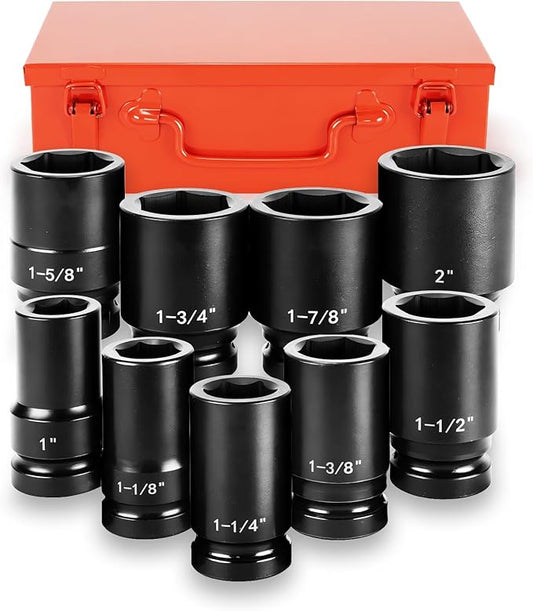 1" Drive Jumbo Impact Socket Set,9 PCS SAE (1to 2 INCH) Universal Hex Deep Socket Combination,CR-MO Alloy Steel,Heavy Duty Storage Case