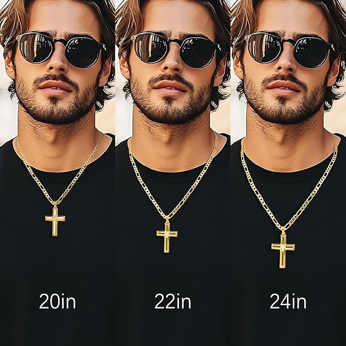 Cross Necklace for Men Gold Cross Necklace for Men 14K Gold Crosses Figaro Chain Pendant for Mens Crosses Necklaces Broad Subtle Sparkle with Cubic Zirconia Necklaces for Mens Chain 20/22/24 inches
