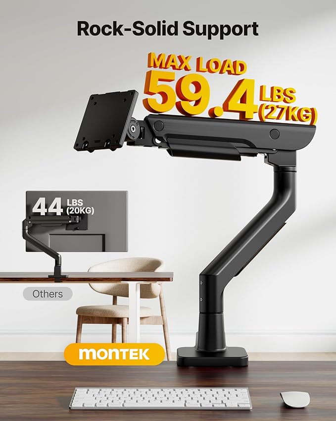 monTEK Sleek Aluminum Monitor Arm for 17??7??Ultrawide Screens up to 59.4 lbs, Heavy Duty Single Monitor Arm Desk Mount, Pneumatic Lift, Quick-Release Plate, Clamp/Grommet, Max VESA 100x100