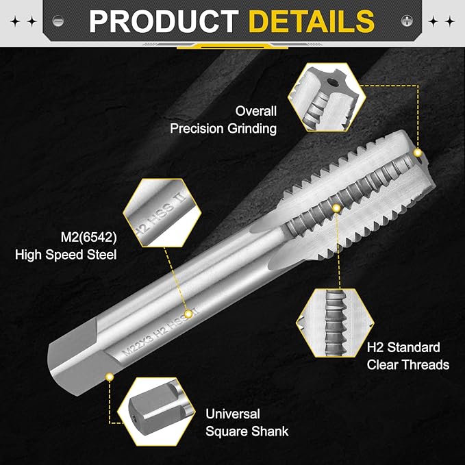 uxcell Hand Plug Tap M22 x 3 H2 Metric Thread Plug Style Taps Straight Flute Screw Tapping Threading Tool High Speed Steel HSS6542