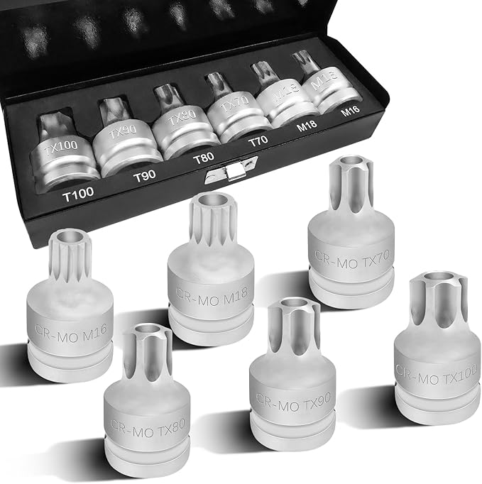 6PCS 3/4"Drive Torx Star & Triple Square Impact Socket Set, Cr-MO T100 T90 T80 T70 M18 M16 Impact Drive Allen Socket Kit, Remover Hand Repair Tool