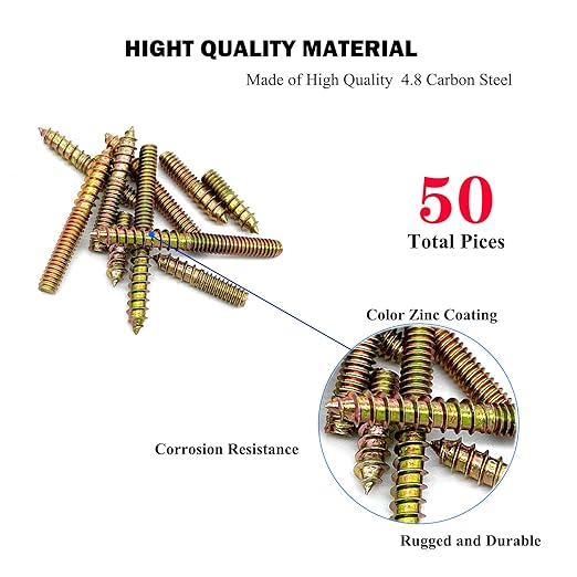 50 Pack Assorted Hanger Bolts Kit - 5 Sizes (5/32-32", 8/5, 3/4, 1, 1-1/4, 1-1/2") - Double Headed Bolts, Wood Dowel Screws