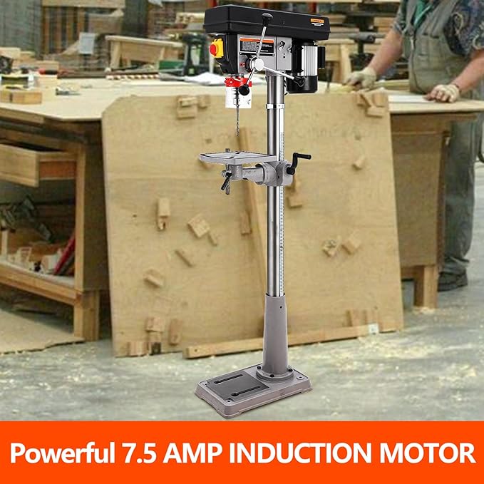 13 In Floor Drill Press, 7.5 Amp 120V Pure Copper Motor, 288-3084 Rpm Variable Speed Cast Iron Bench Drill Press, 0-45° Tilting Worktable, Tabletop Drilling Machine for Wood Metal