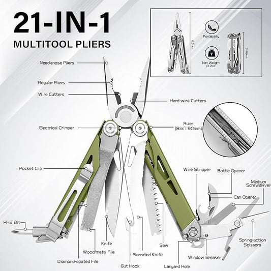 RBLACK Longeron21 Multitool, 21-in-1 Multi Tool Pliers with Safety Locking and Spring-Action Scissors, Heavy-duty Stainless Steel Multi-tool Set with Nylon Sheath for Work, Home, Garden, DIY & Auto