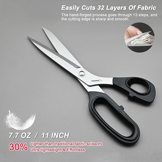 TONMA Tailor's Scissors [Made in Japan] 11-Inch Premium Sharp Knife Edge Fabric Scissors, Japanese SG2 Steel Dressmaker?쁲 Sewing Shears for Cutting Clothes Fabric Denim Leather, Right Handed