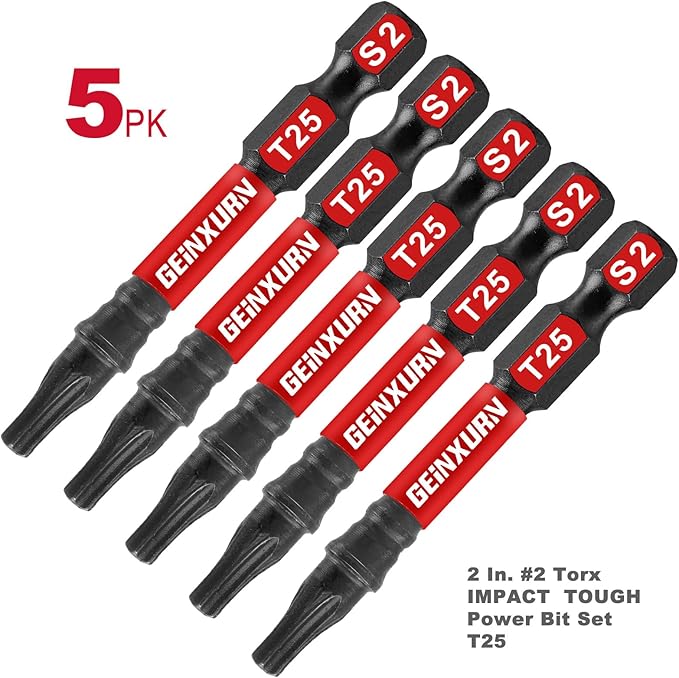 5Pieces T25 2 In. Impact Tough Magnetic Screwdriver Bit Set, #25 Torx Head Power Bits, S2 Alloy Steel Star Head T25