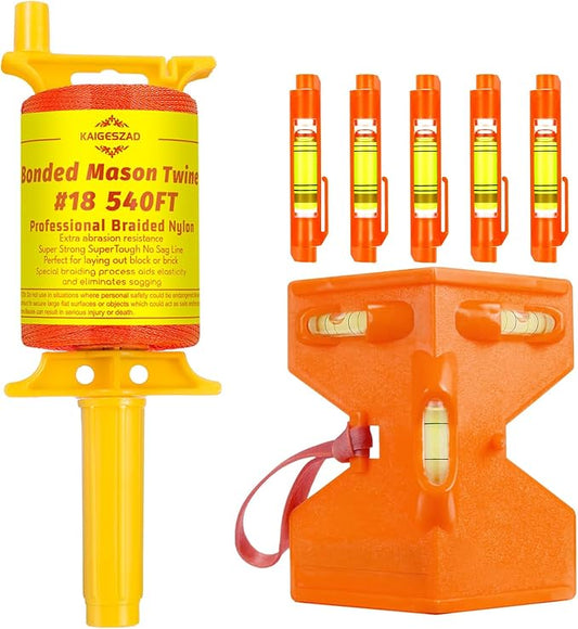 Mason Line 540 FT #18 Braided Nylon Mason String with Post & Pipe Level & 5 Built-in Levels and Spool Construction Line,String Level Line Kit for Gardening Or Masonry Tools, Kite Twine String or DIY
