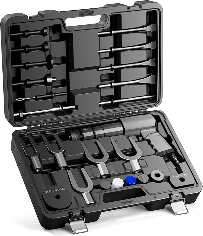 25PCS Multi-functional Pneumatic Hammer Piece Chisel Set, Air Hammer Kit, 2100 BPM Quick Change Retainer Air Hammer with Shovel Heads, Ball Joint Separator Set, Air hammer Bits (Black)