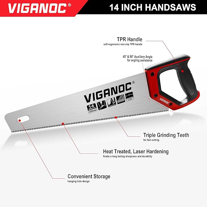Vigaoc Hand Saw, Fine Cut Handsaws, 11TPI Sharp Wood Saw for Wood Working and Gardening, 14-inch