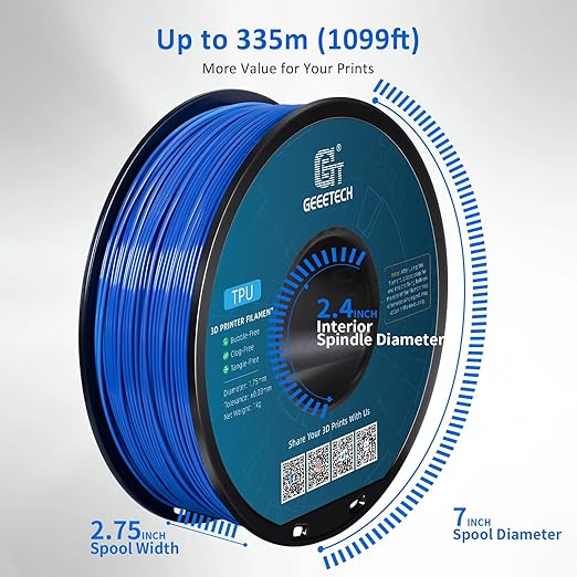 Geeetech TPU Filament 1.75mm ??95A Flexible 3D Printer Filament with High Elasticity, 1KG (2.2lbs) Spool, Dimensional Accuracy 짹0.03mm, Fits Most FDM Printers, Blue