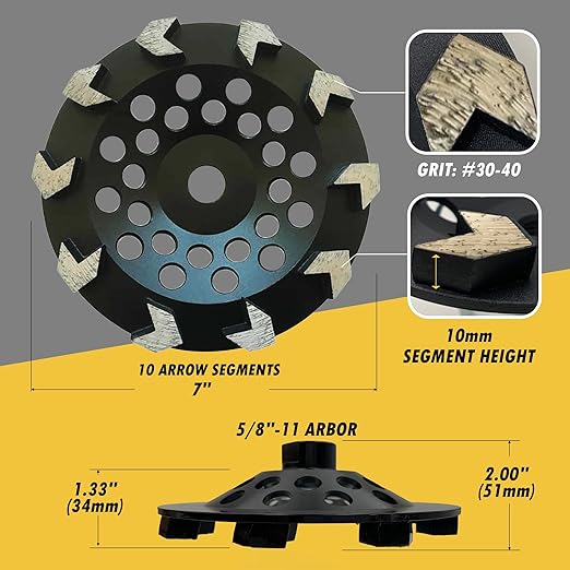 7" High Performance Diamond Grinding Wheels for Concrete, Paint, Epoxy, Mastic, Coating Removal, #30/40 Grit, 10 Arrow Segments, 5/8"-11 Arbor