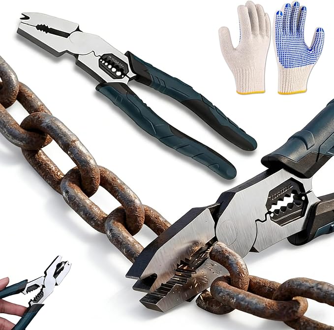 Industrial-Grade Multi-function Cutting Pliers, 9-in-1 Multi-Functional Pliers Nail Puller/Wire Cutter/Stripper/Crimper?봀ompound Action Leverage Design for Repair (1Pcs)