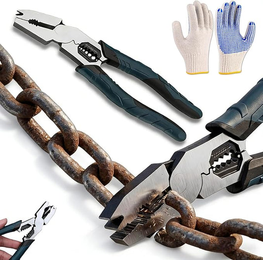 Industrial-Grade Multi-function Cutting Pliers, 9-in-1 Multi-Functional Pliers Nail Puller/Wire Cutter/Stripper/Crimper?봀ompound Action Leverage Design for Repair (1Pcs)