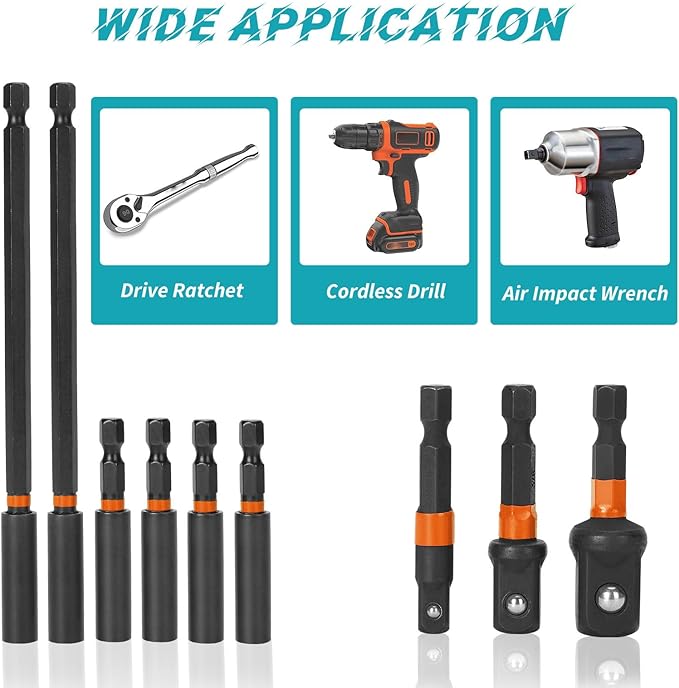 10 Pcs Impact Driver Bit Adapter Set,5 PCS Strong Magnetic Screwdriver Bit Holder 2.4 Inch Extension + 6Inch Magnetic Screwdriver Bit Holder Extension + 3Pcs Socket Adapter Set With Tough Case