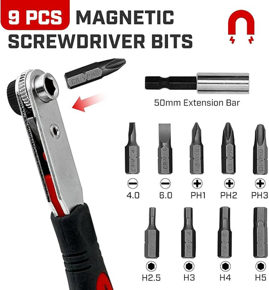 Angle Ratchet Screwdriver Set: 10 Piece Magnetic Bit with 90 degree Mini Offset Low Profile Reversible Drive Handle - Stocking Stuffers with Gift Box
